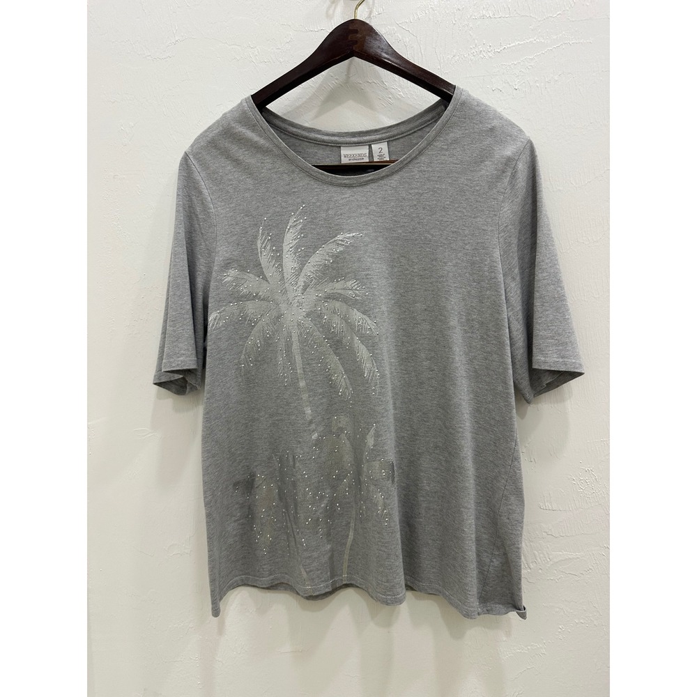 Weekends by Chico's Gray Palm Tree Rhinestone Cotton T-Shirt Size 2 Large